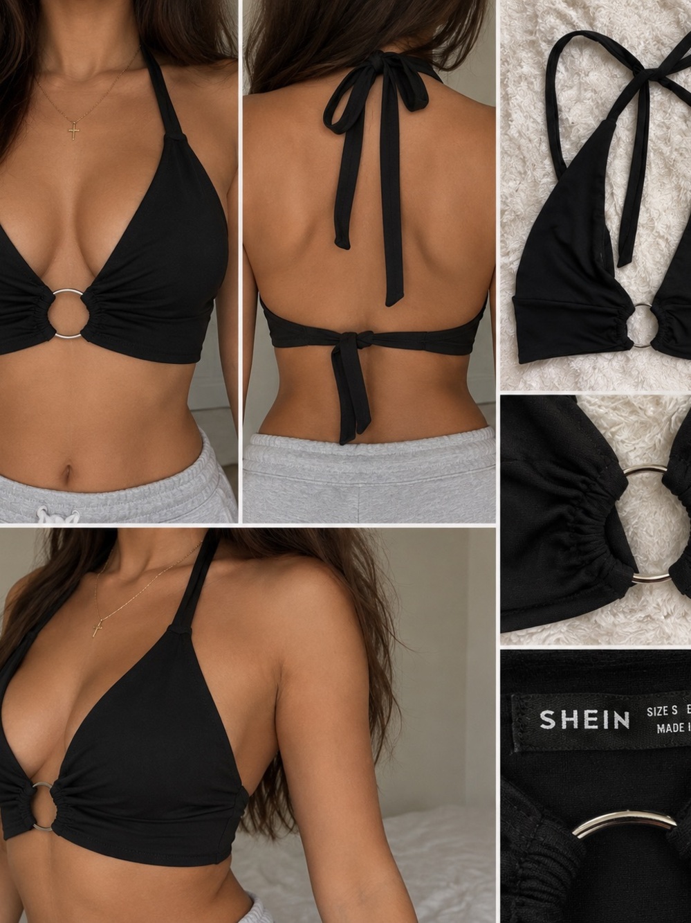 SHEIN Black Halter Ring-Front Bikini Top